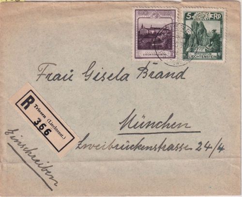 Liechtenstein - 90 Rp. Landschaften u.a. Einschreibebrief Triesen - München 1932
