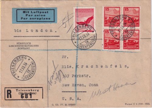 Liechtenstein - 20 Rp. Steinadler u.a. Luftpost-Einschreibebrief n. USA 1936