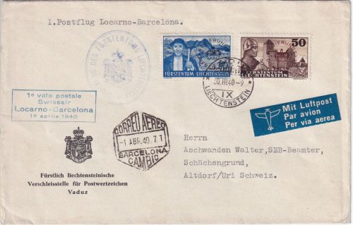 Liechtenstein - Swissair 1st-Flug Locarno Barcelona Zuleitungspost 1940