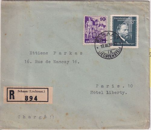 Liechtenstein - 50 Rp. Rheinberger u.a. Einschreibebrief/FDC n. FRANKREICH 1939