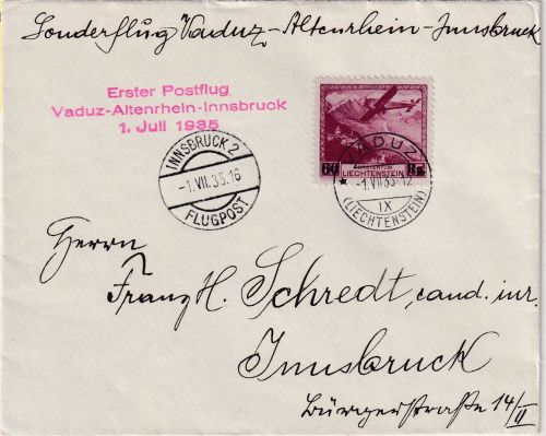 Liechtenstein - 1. Postflug Vaduz-Altenhein-Innsbruck 1. Juli 1935 Luftpostbrief
