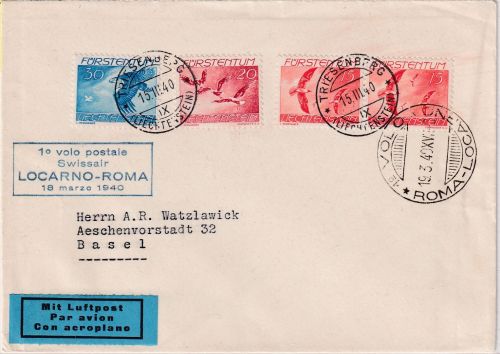 Liechtenstein - Swissair 1st-Flug Locarno Rom Zuleitungspost 1940