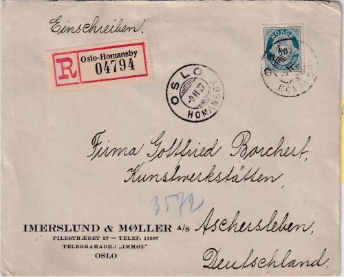 Norwegen - 60 Ö. Posthorn Einschreibebrief Oslo-Homansby - Aschersleben 1927