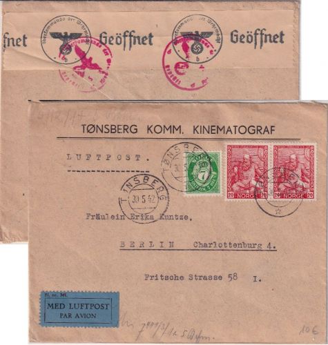 Norwegen - 2x20 Ö. Sturluson u.a. Luftpost-Zensurbrief Tonsberg - Berlin 1942