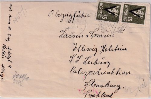Norwegen - 2x15 Ö. Löwe/V-Aufdruck Zensurbrief Halden - Flensburg 1941