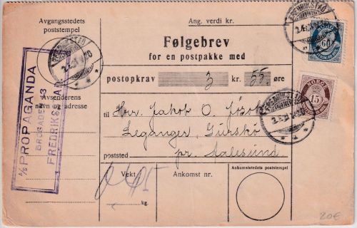 Norwegen - 60+15 Ö. Posthorn Nachnahme-Paketkarte Frederikstad - Alesund 1931