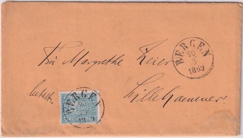 Norwegen - 4 Sk. Wappen Brief K1 Bergen - Lillehammer 1869