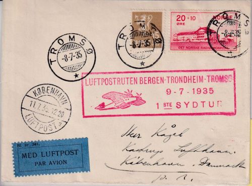 Norwegen - Erstflug Bergen Trondheim Tromsö Luftpostbrief n. Kopenhagen 1935