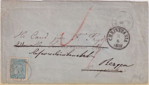 Norwegen - 4 Sk. Wappen Brief K1 Jevnager - Ringerike 1866 Weiterleitung