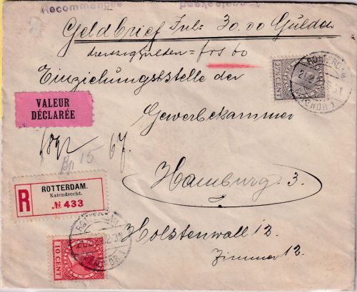 Niederlande - 27 1/2+10 C. Wilhelmina Wertbrief Rotterdam - Hamburg 1929