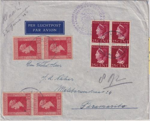 Niederlande - KLM 1st-Flug Amsterdam Curacao Luftpostbrief n. Paramaribo 1946
