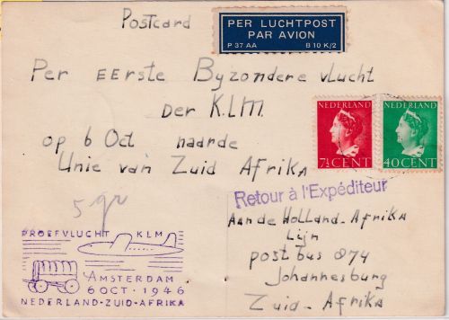 Niederlande - KLM 1st-Flug n SÜDAFRIKA Luftpostkarte Amsterdam Johannesburg 1946