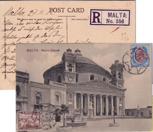 Malta - 2 1/2 P. Edward VII. u.a. Ort-Einschreibekarte 1912
