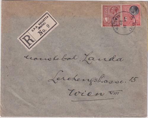 Malta - 4+1 1/2 P. George V. Einschreibebrief n. ÖSTERREICH Valetta - Wien 1927
