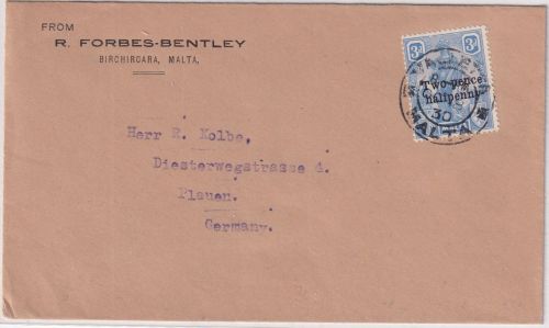 Malta - 2 1/2 a. 3 P. Schutzpatronin/Überdruck Brief Valetta (Birchircara) 1930