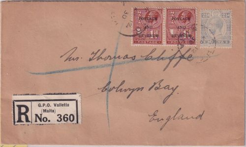 Malta - 2x1+2 1/2 P. George V. Einschreibebrief n. ENGLAND Valetta 1930