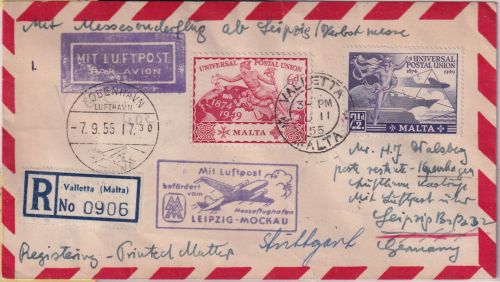 Malta Messe-Sonderflug Leipziger Messe Kopenhagen Stuttgart Zuleitungspost 1955