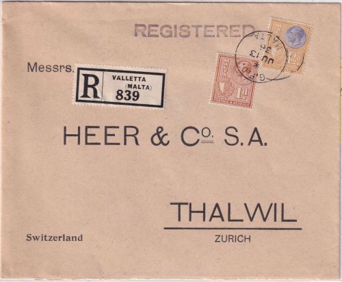 Malta - 1+4 1/2 P. George V. Einschreibebrief id. SCHWEIZ Valetta - Thalwil 1936