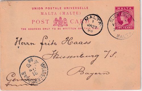 Malta - 1 P. Victoria Ganzsache Silema - Weissenburg 1898