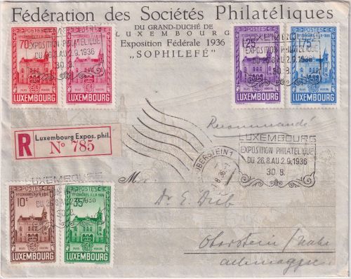 Luxemburg - FIP-Kongress 1936 Einschreibebrief/FDC ESST n. Oberstein 26.8.1936