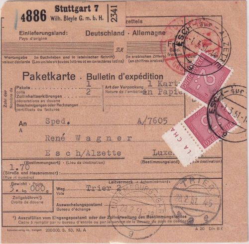Luxemburg - 2x2 Fr. Portomarke Paketkarte Stuttgart - Esch/Alzette 1951