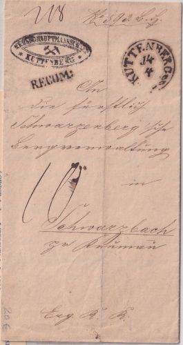 Österreich - Kuttenberg 14/4 K1 Porto-Einschreibebrief n. Schwarzbach 1860