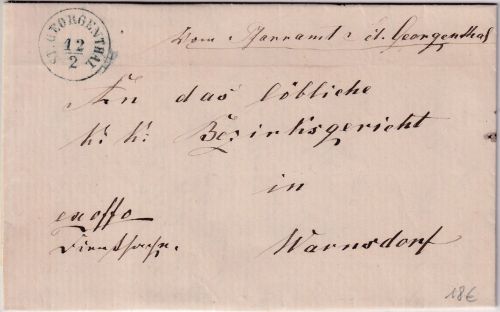 Österreich - St. Georgenthal 12/2 blauer K1 Dienstbrief n. Warnsdorf 1871