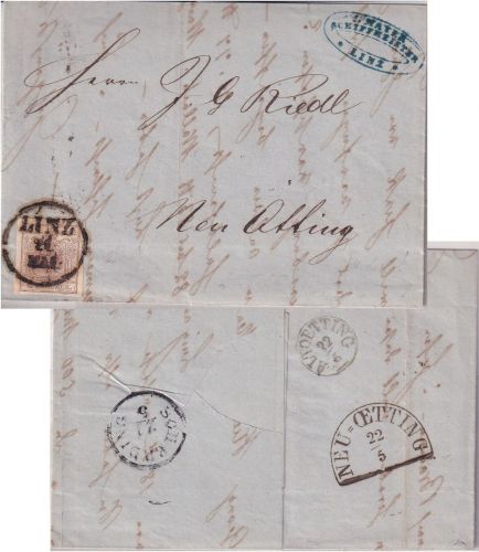Österreich/Bayern - 6 Kr. 1. Ausgabe Brief K1 Linz 21. MAI n. Neu-Ötting 1855