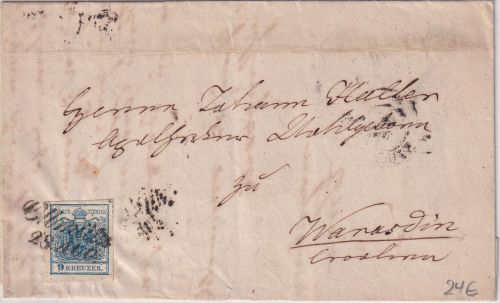 Österreich - 9 Kr. 1. Ausgabe Brief L2 Ollmütz 28. AUG n. Warasdin 1853
