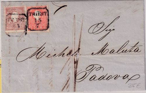 Österreich - 5+10 Kr. 2. Ausgabe Brief Ra3 Triest 15/7 n. Padua 1859