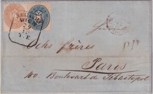 Österreich/Frankreich - 10+15 Kr. 4. Ausgabe Brief Ra5 Mariahilf Wien 29/10 1866