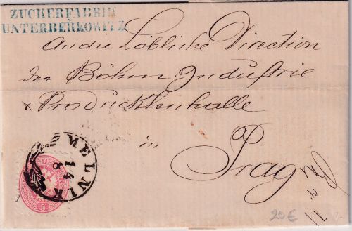 Österreich - 5 Kr. 5. Ausgabe Brief Zier-K1 Melnik 14/8 n. Prag 1866