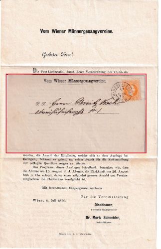 Österreich - 2 Kr. Ausgabe 1867 Drucksache K2 Habsburggasse Mariahilf 11.7.1870