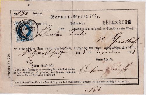 Österreich - 10 Kr. Ausgabe 1867 Retour-Recepisse K1/L1 Feldberg 1882
