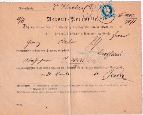 Österreich - 10 Kr. Ausgabe 1867 Retour-Recepisse K1/L1 Wien 1880