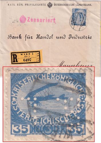 Österreich - 35 H. Witwen/Waisen Perfin "LB" Einschreibebrief Wien 1916