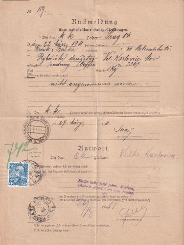 Österreich - 25 H. FJ. Rückmeldung/unbestellb. Fahrpostsendung Prag 1911