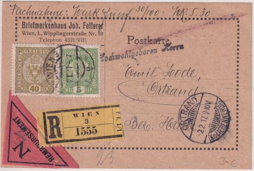Österreich - 40+5 H. Krone/Wappen Nachnahme-Einschreibekarte Wien - Ortrand 1917