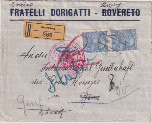 Österreich - 2x25 H. FJ. Einschreibebrief i.d. SCHWEIZ Sterzing - Bern 1915