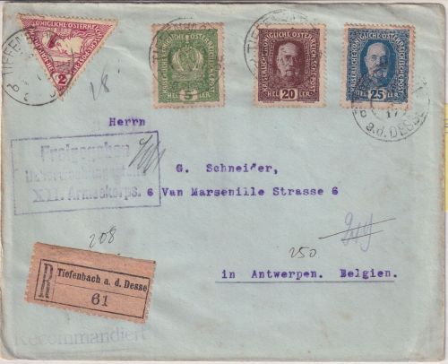 Österreich/LP Belgien - Einschreibebrief Tiefenbach a.d. Desse - Antwerpen 1917