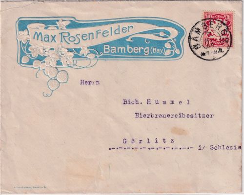Bayern - Bamberg 1908 illustr. Firmenkuvert Max Rosenfelder