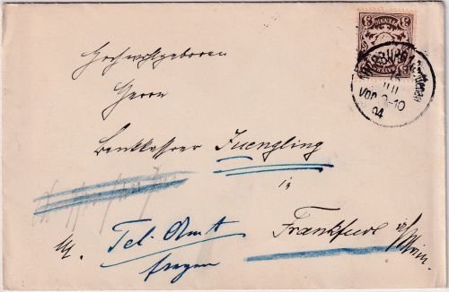 Bayern - 3 Pfg. Wappen Drucksache Augsburg 1 Grottenau n. FFM 1904 Irrläufer