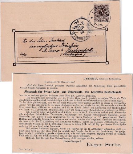 DR - 3 Pfg. K/A Drucksachenkarte Leipzig - Reichenhall 1894