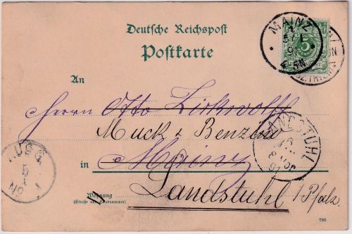 DR - 5 Pfg. K/A Ganzsache Pellingen - Mainz 1891 Weiterleitung Landstuhl