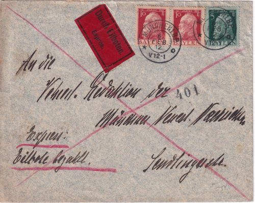 Bayern - 2x10+5 Pfg. Luitpold Ortseilbrief München 1912