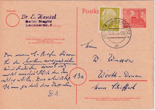 Berlin - 8 Pfg. Bauten Ganzsache + 2 Pfg. Heuss I Lankwitz - Wörth 1954
