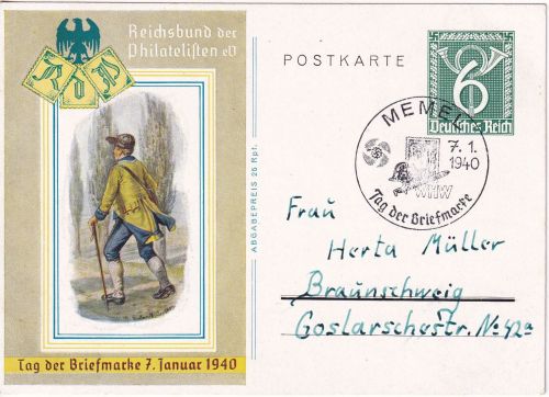 DR - Tag d. Briefmarke 1940 6 Pfg. Sonderganzsache (Postbote) SST Memel 7.1.1940