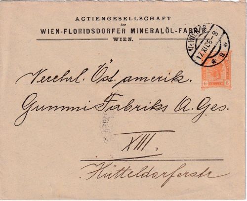 Österreich - 6 H. Privatganzsache Wien-Floridsdorfer Mineralöl-Fabrik Wien 1906