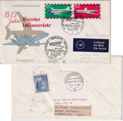 BRD/Luxemburg - 50 J. Dt. Luftpostverkehr Schmuck-FDC m. Lagergebühr 6.2.69