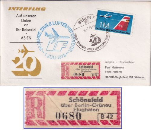 DDR - Interflug Sonderluftpost Einschreibebrief n. VIETNAM Schönefeld 1975